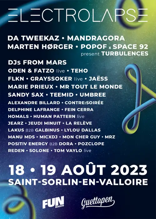 Affiche du chapitre 3, Electrolapse 2023 avec les artistes Da Tweekaz, Mandragora, Marten Hørger, Popof, Space 92, DJs From Mars, Oden & Fatzo, Teho, FLKN et bien d'autres...